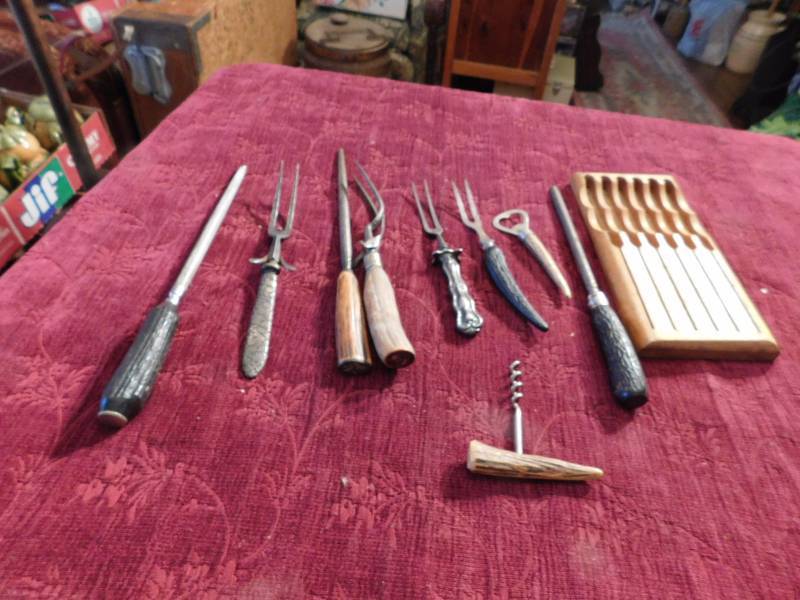 lot 48 image: several vintage carving forks and knife sharpening rods see photos