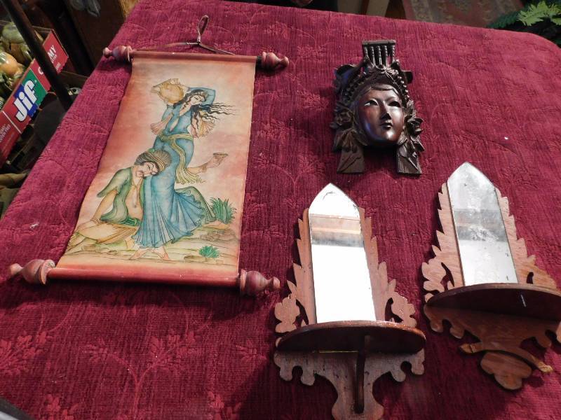 lot 49 image: wall art two small mirror shelf pieces face shelf and wall scroll hanging