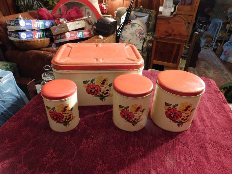 lot 59 image: red and white metal vintage canister set please see photos