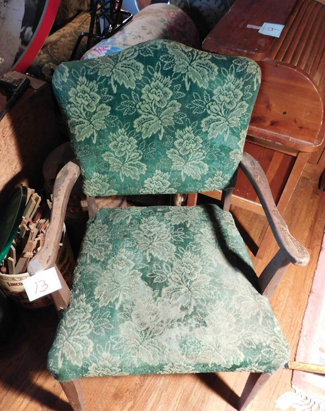 lot 13 image: Vintage green arm chair this would look great refinished