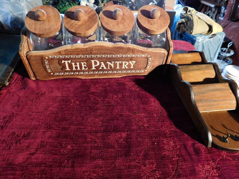 lot 67 image: the pantry wooden tray with four glass storage containers and wall sorter like mail