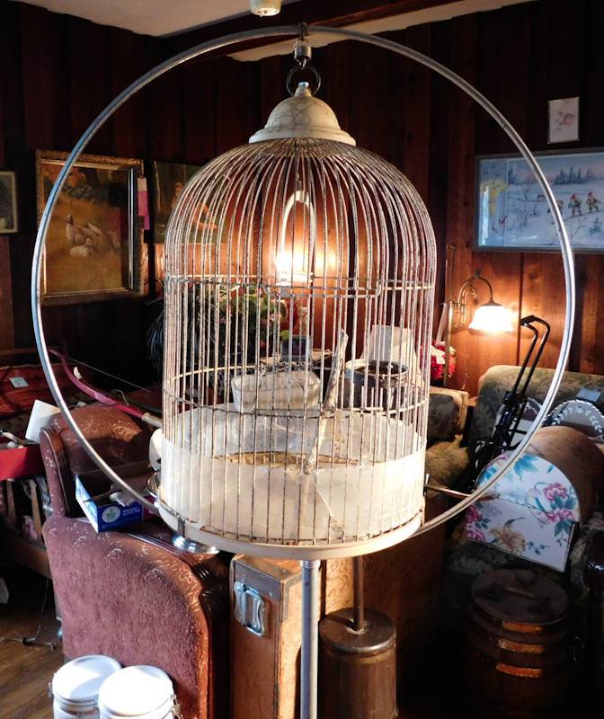 lot 83 image: vintage round metal bird cage and metal bird stand please see photos