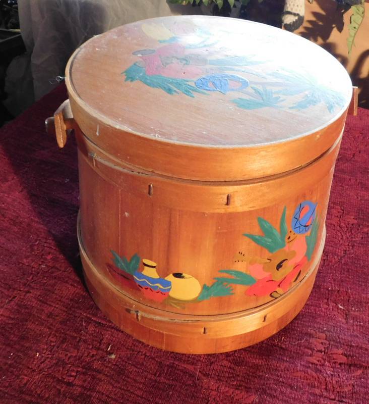 lot 90 image: wooden bucket with lid and handle colorfully painted