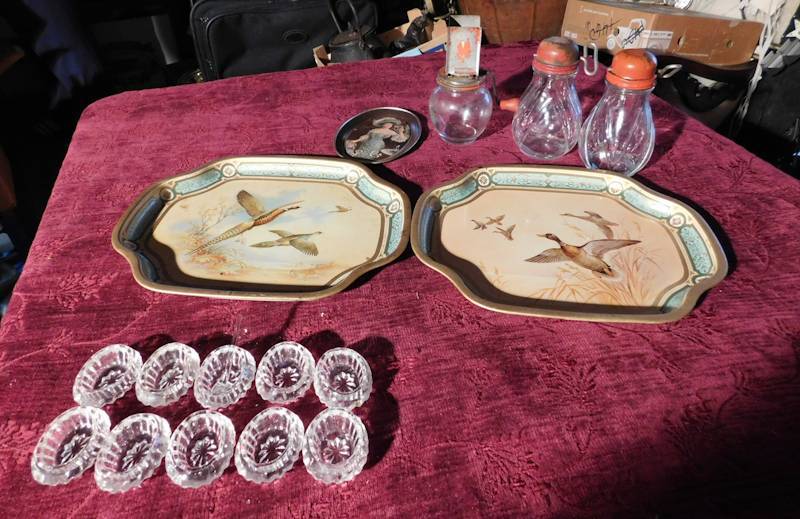 lot 125 image: vintage metal advertising trays,antique nut grinders and more
