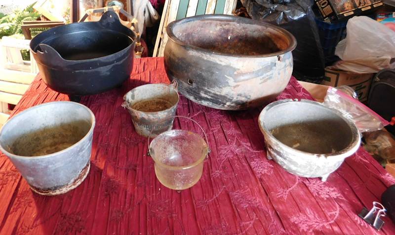 lot 132 image: several pots, clay plastic and metal one is the bowl for the top of a cream separator