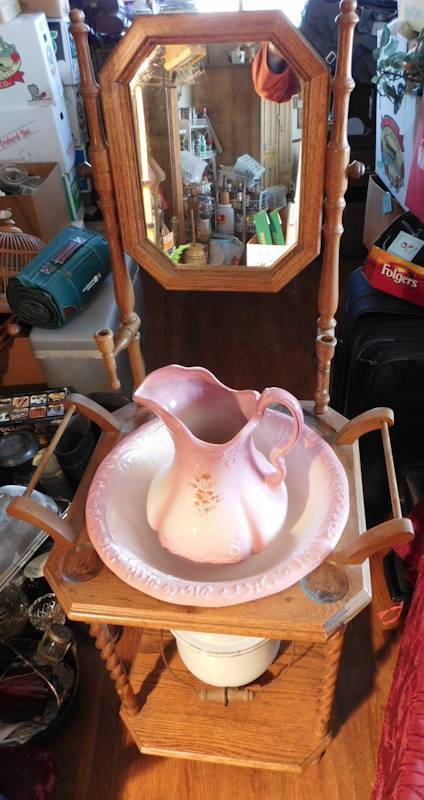 lot 146 image: vintage wash stand with Ironstone basin and pitcher plus commode pail