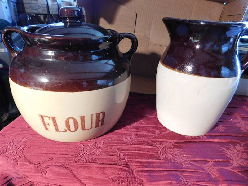 lot 164 image: brown flour pot crock and brown crock pitcher