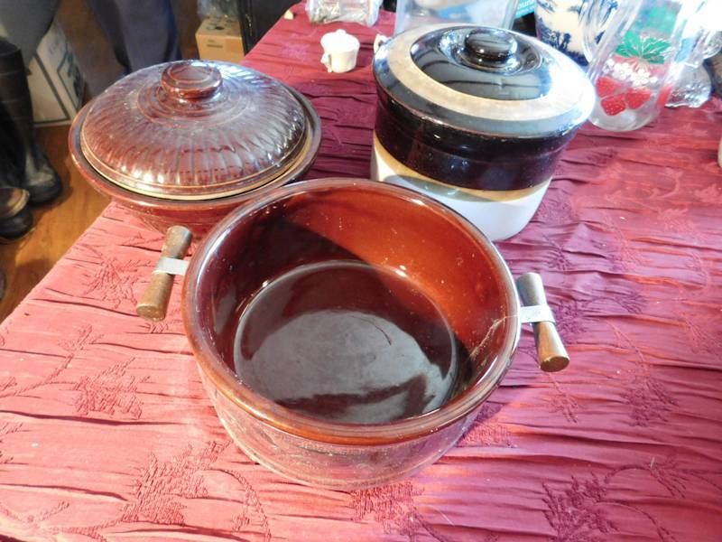 lot 165 image: three brown crock items two with lids