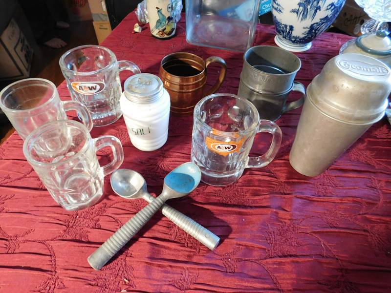 lot 181 image: cocomalt and mirro mixer shakers A & W root beer mugs and more