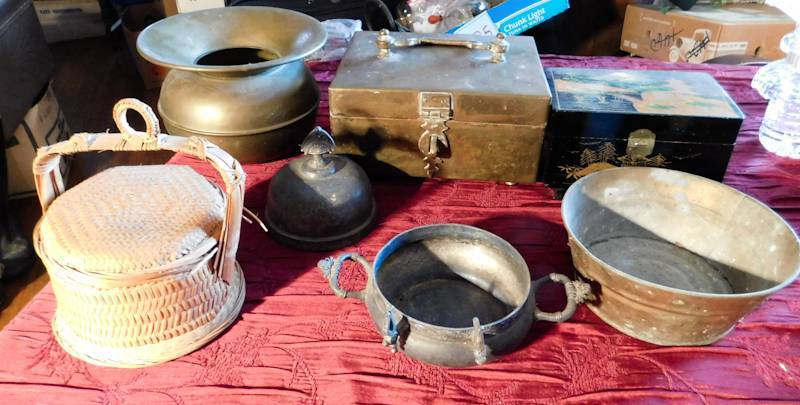 lot 183 image: spittoon wooden boxes and basket and metal items see photos