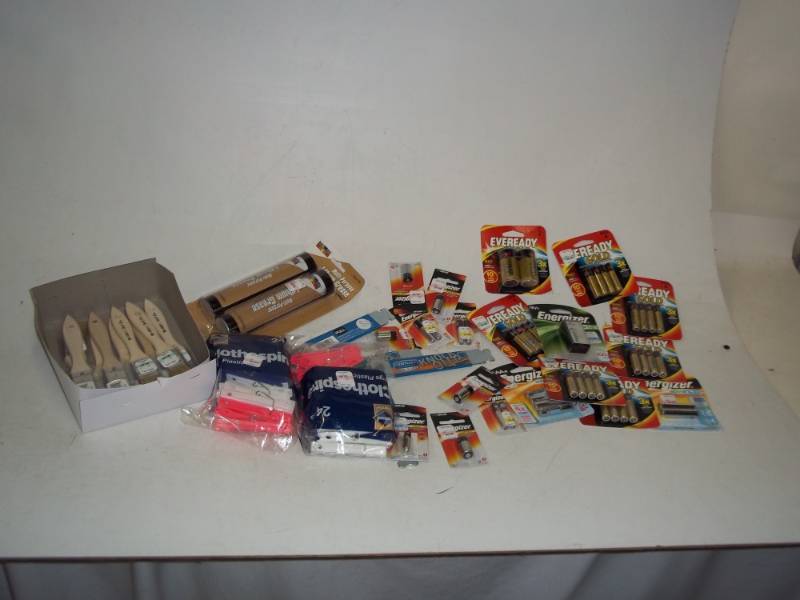 New small paint brushes, cloth pins, batteries