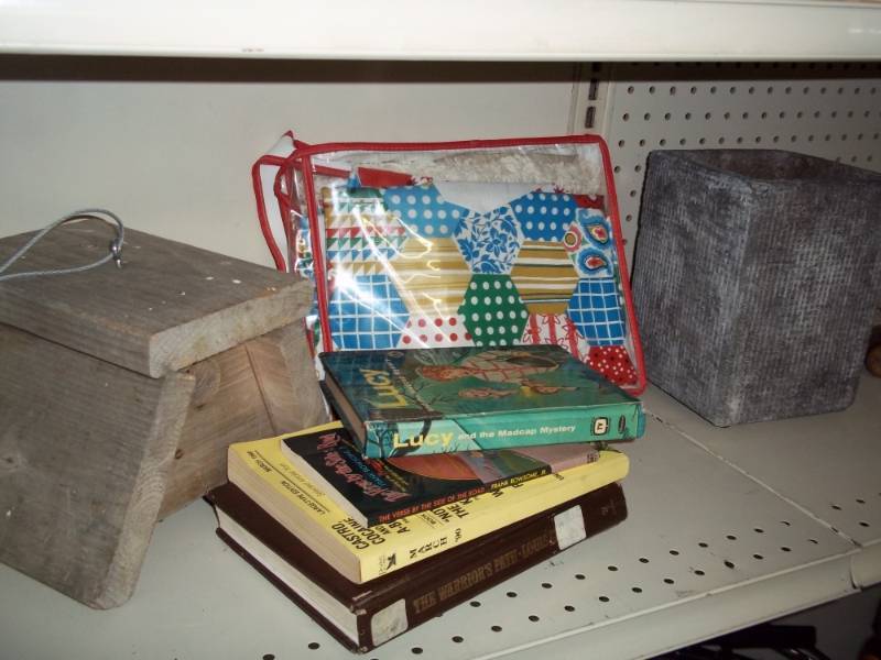 Shelf lot with vintage books, bird house, and planter