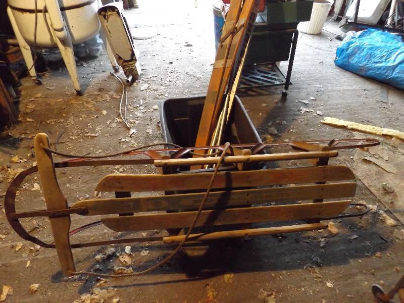 Metal Runner Sled and Cross Country Skiis