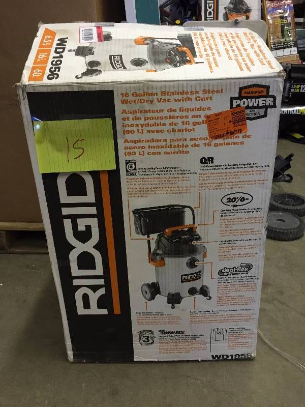Ridgid 16 Gallon Stainless Steel WetDry Vac WD1956 Tested in good working condition
