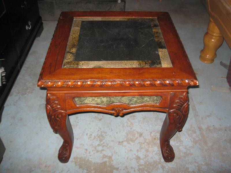 lot 3 image: Granite Top And Accent Carved Wood End Table. Light Wear.  25x26x26