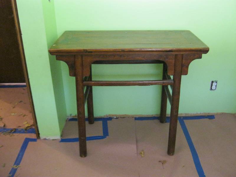 lot 14 image: Man Made Table. Made With Wood Pegs And Dowels. Very Nice. Has Some Wear. 19.5x35x39.5