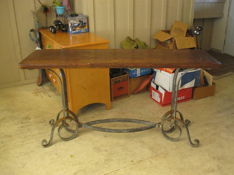 lot 25 image: Heavy Wrought Iron Solid Wood Top Hall Table. Very Nice Has Some Wear. 32x62x18