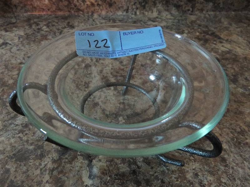 Glass dish with metal stand