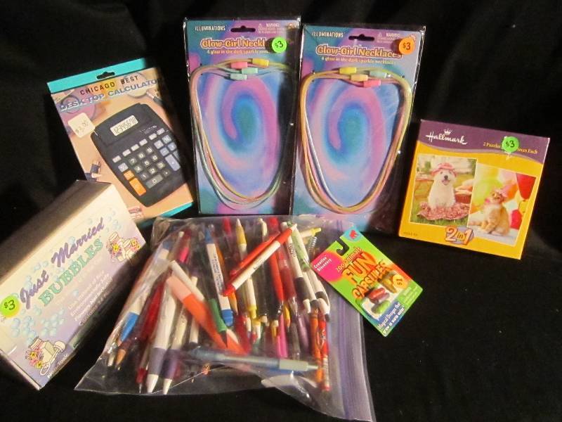 LOT - Bubbles, NEW Necklaces, NEW Puzzle, Lot of Pens, NEW Calculator
