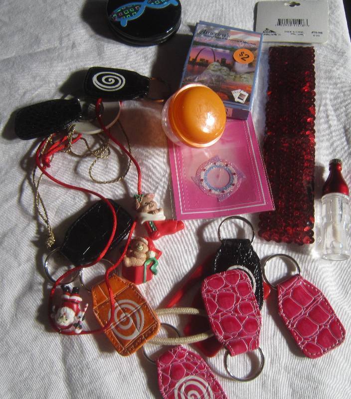 LOT - Keychains, Sequin Headband, South Dakota Cards, Xmas Necklace, Baby Bottle, Mirror, xmas Pin, Etc