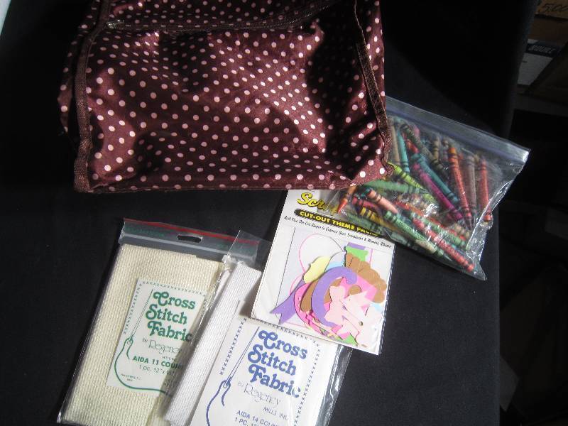 LOT - Polka Dot Bag, NEW Scrapbook Cutouts, NEW 2 Cross Stitch Fabric & Crayons