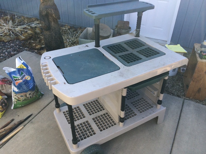 Plastic bench on wheels  Measures 45 long x 26 w x 33 high - very excellent condition