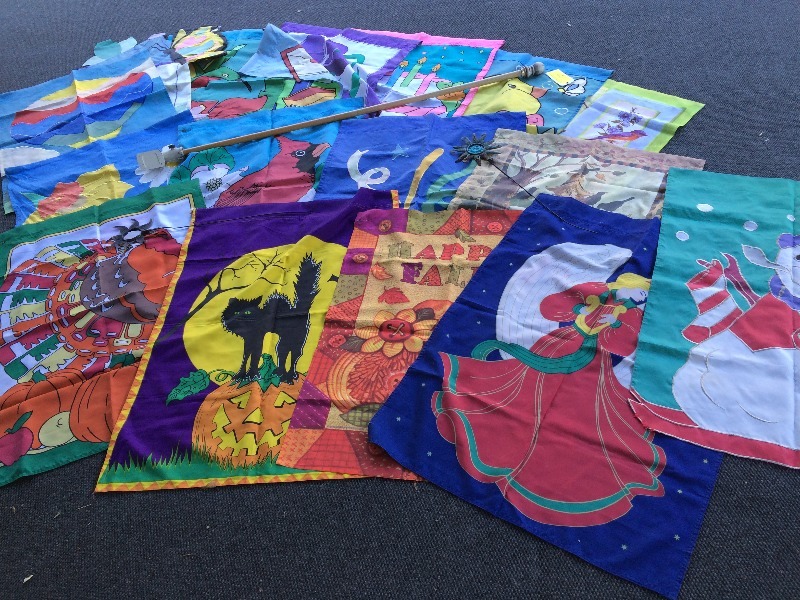 Assorted Holiday and Event Flags and Flag Pole - Clean and Very Beautiful  Lot of 17