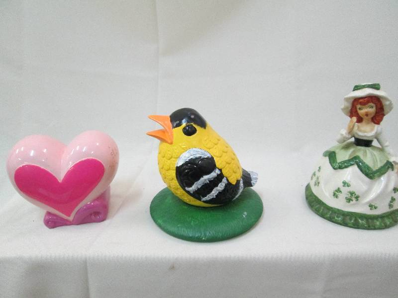 3 assorted figurines, heart, bank y...
