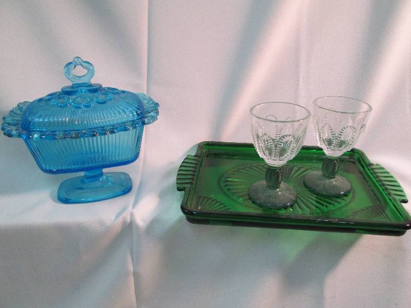 Blue scalloped glass candy dish, Av...