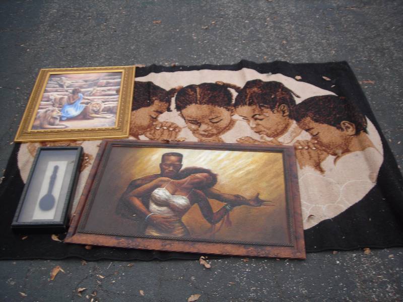 lot 3 image: Area Rug & 3 Wall Art