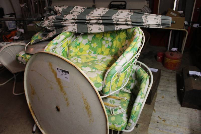 lot 19 image: Outdoor Table, Chairs (2), Bench and Umbrella with Floral cushions