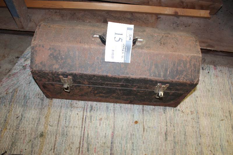 lot 15 image: Toolbox including various tools such as a small saw, hammer, and more