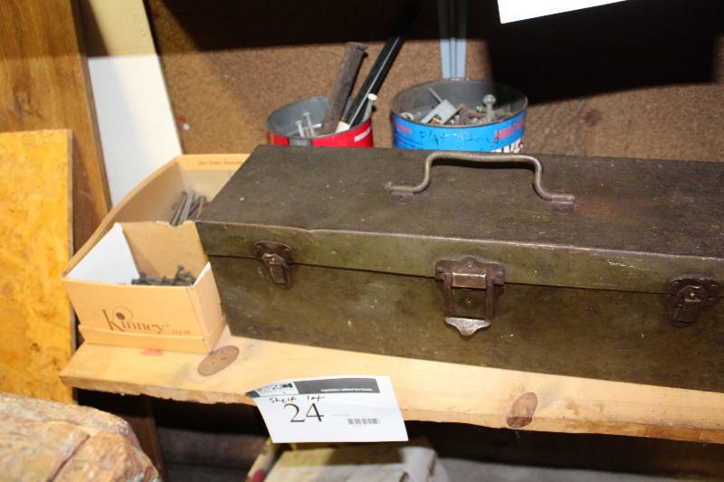 lot 24 image: Shelf Lot includes tool boxes (2), various nails, garden hoses and more