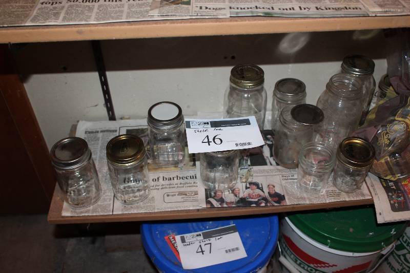lot 46 image: Shelf Lot includes various glass Mason jars and more