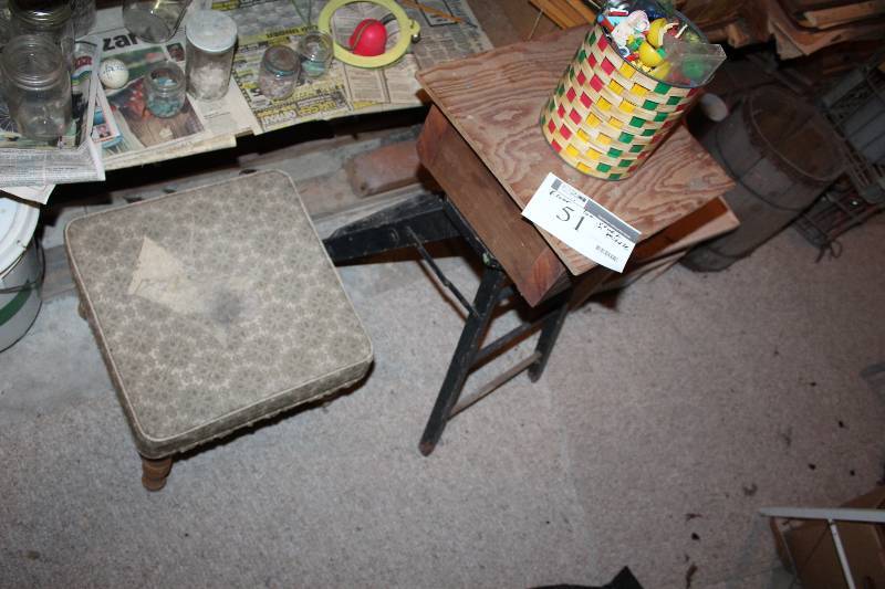 lot 51 image: Floor Lot includes vintage metal milk crates (2), a barrel, a potty training chair and more
