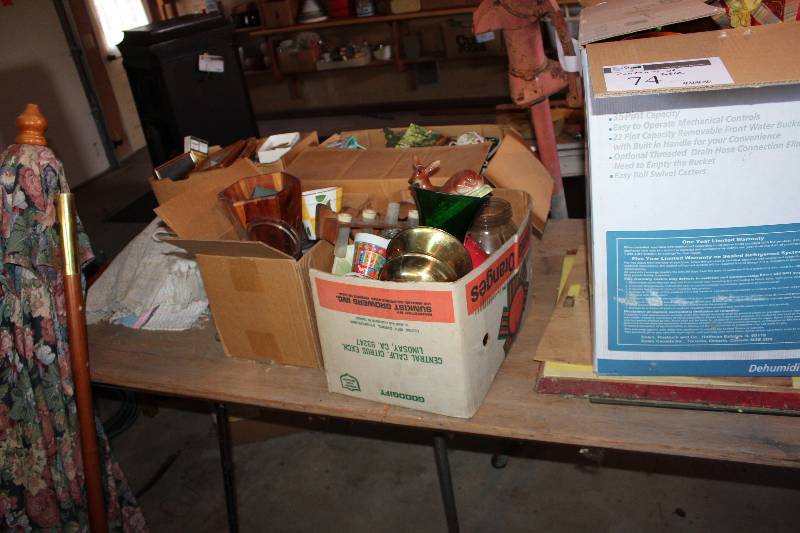 lot 74 image: Table Lot includes set of camping plates and cups, Fall decorations, picture frames and more but NOT including table