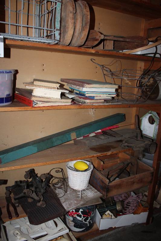 lot 69 image: Shelf Lot includes various books, a wire basket, picture frames and more