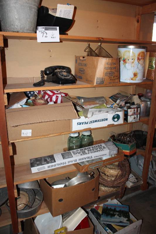 lot 72 image: Shelf Lot includes rotary telephone, U.S. flag, trach bag holder and more