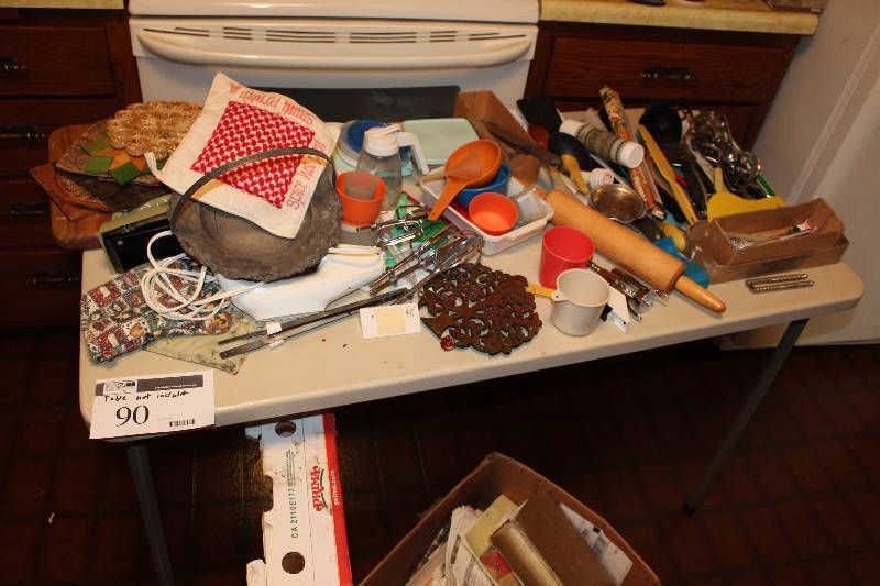 lot 90 image: Table Lot includes rolling pin, measuring cups, corkscrew and more.  Does not include the table