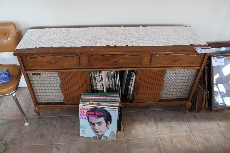 lot 2 image: Modern Vintage DuMont Floor Console AMFM Stereo Radio and Turntable Record Player, Stereophonic High Fidelity