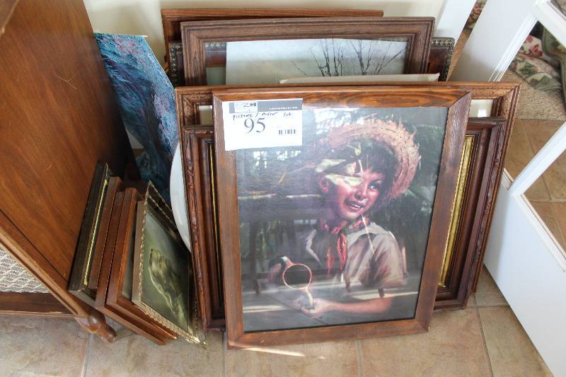 lot 95 image: Picture Lot includes various framed prints and one mirror with white frame