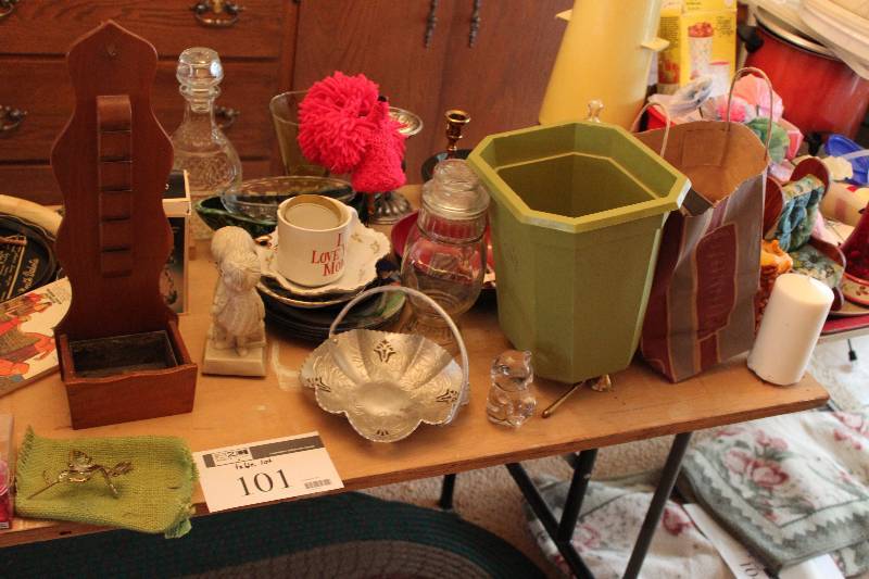 lot 101 image: Table Lot includes a vase, UNO game, picture frames and more