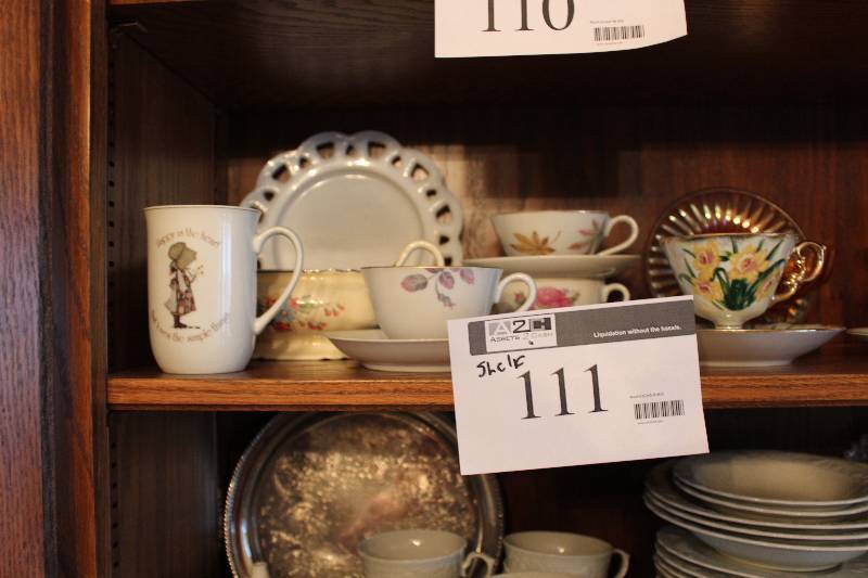 lot 111 image: Shelf Lot includes tea cups with saucers and more