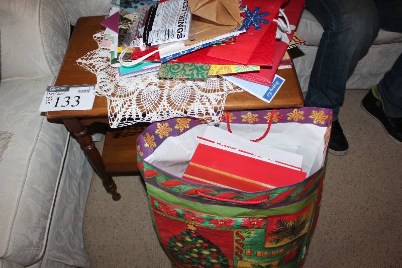 lot 133 image: Rectangular Wooden End Table and Gift Bags