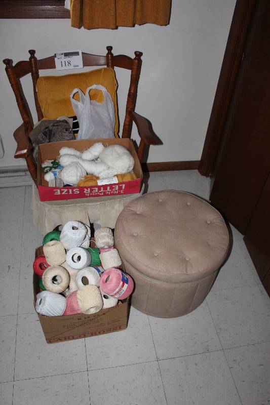 lot 118 image: Chair, box lot of twine, yarn and ottoman