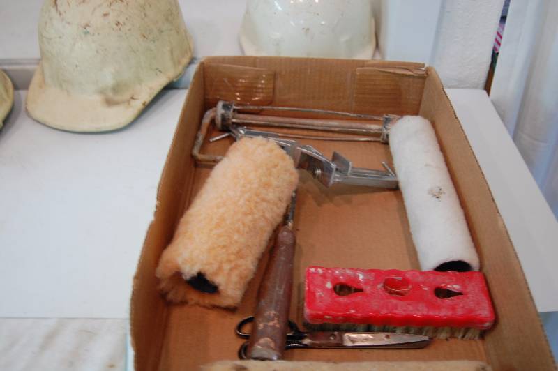 Hard Hats, Bird House, and Paint Supplies
