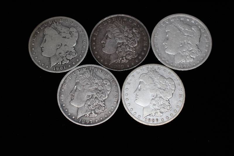 Lot of 5 Morgan Silver Dollars (1901-O, 1898, 1886-O, 1897-O, 1886-O)