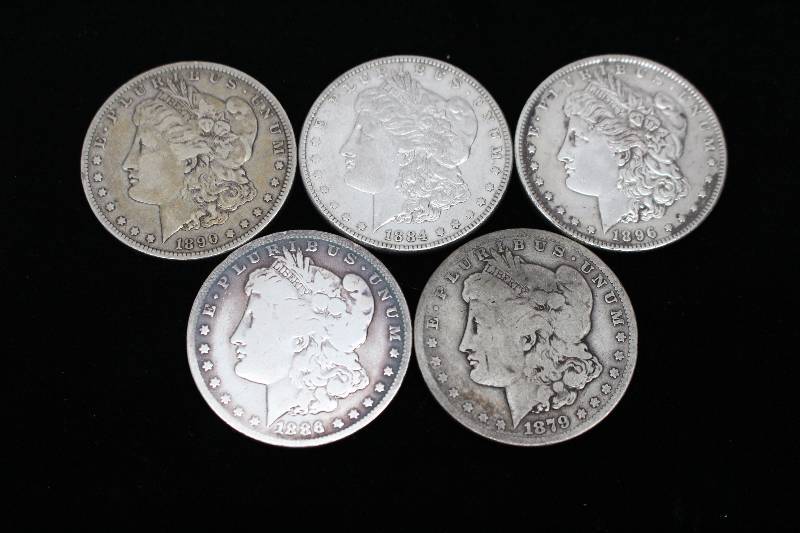 Lot of 5 Morgan Silver Dollars (1879-S, 1886-O, 1896, 1884, 1890-O)