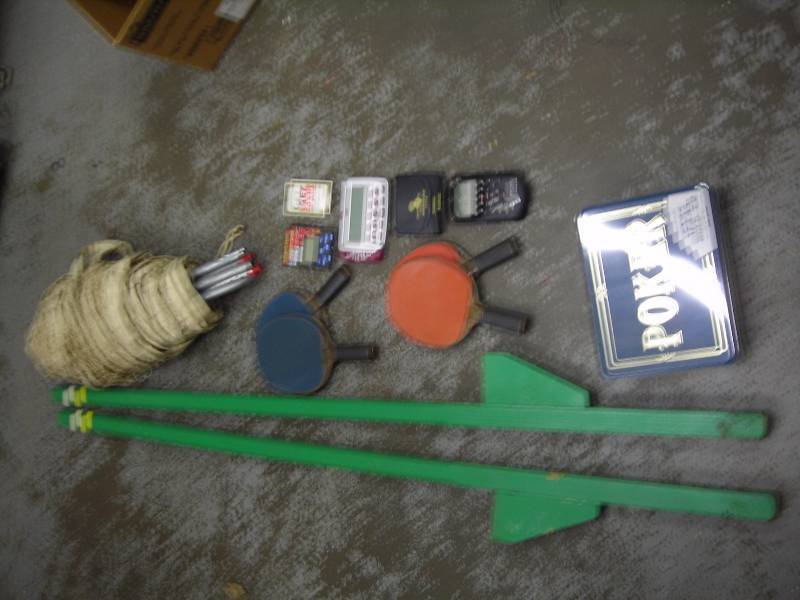 Pair Of Stilts, Volley Ball Net, Ping-Pong Paddles, Poker Set
