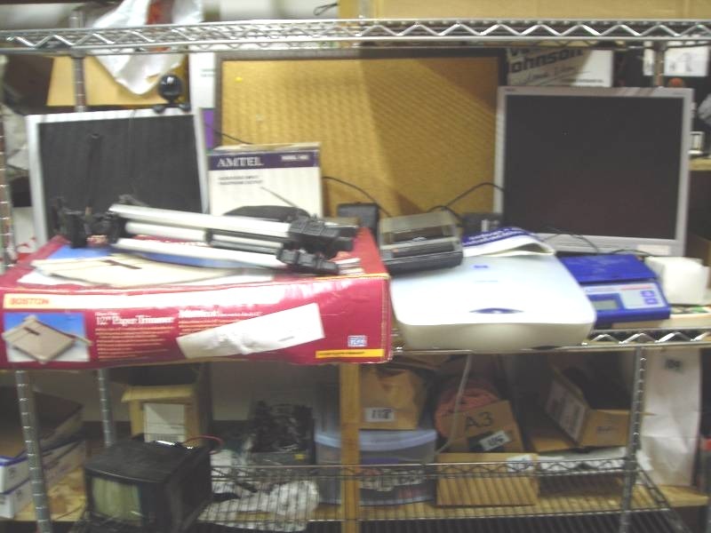 Large Box Lot Office Related Supplies, Computer Monitors, Scanner, Paper Cutter & More